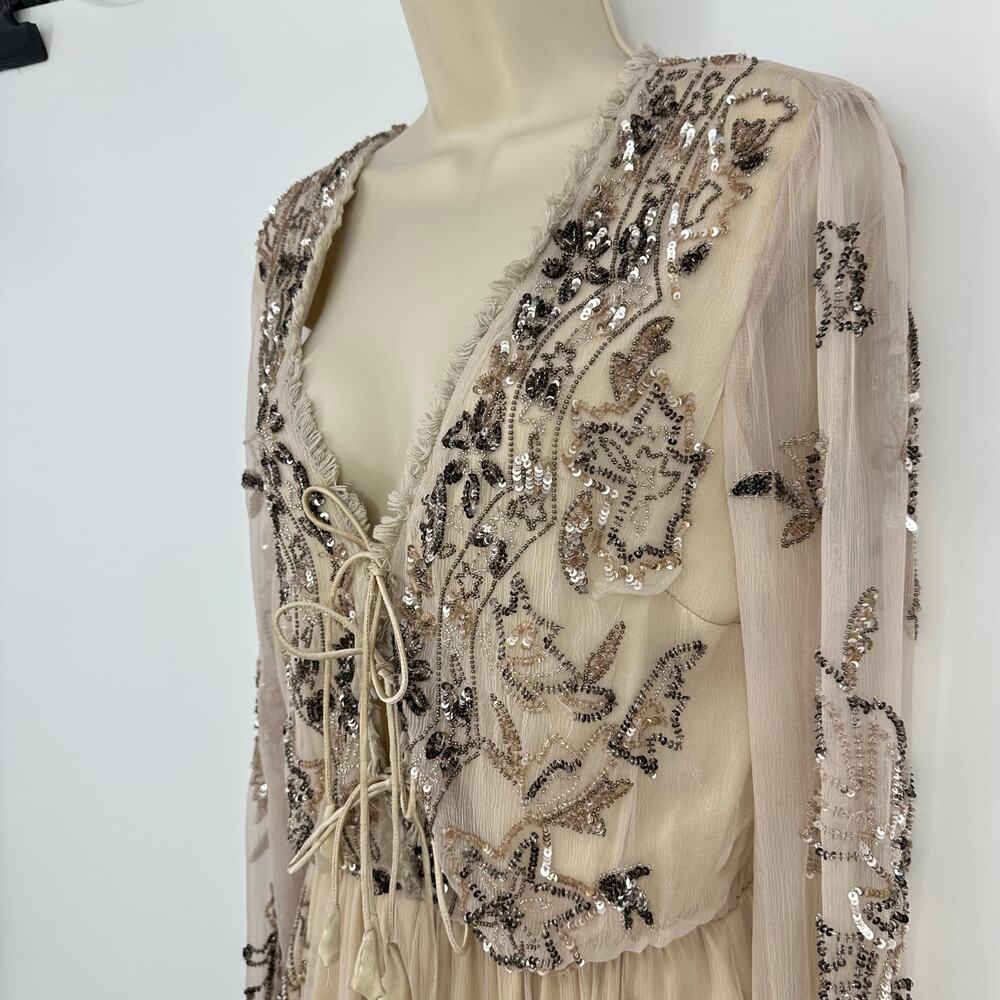 Ranna Gill Womens Beaded Romper Size 6 Coachella Festival Boho Champagne Cream - Picture 5 of 16